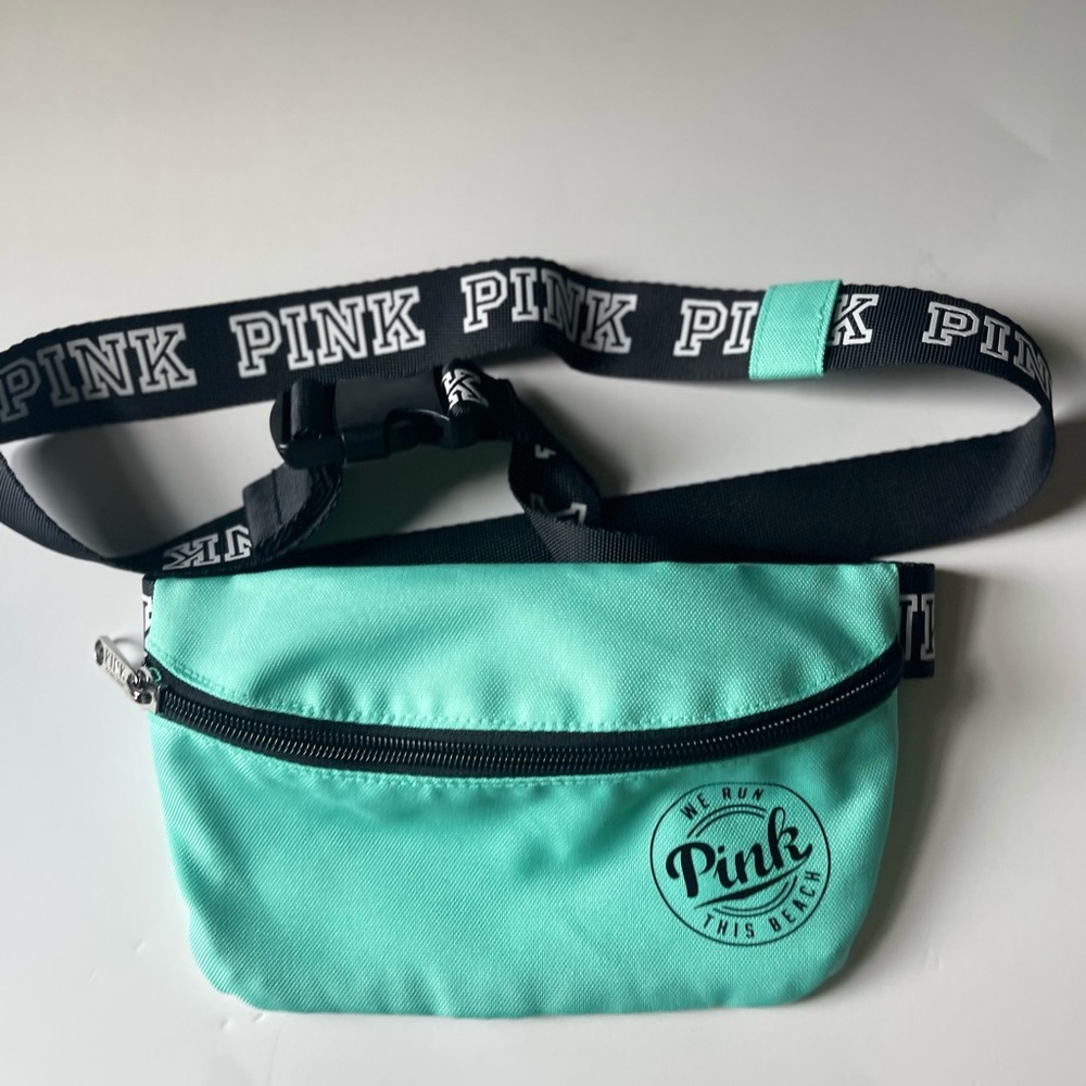 Victoria's Secret Pink Teal￼ We Run This Beach Fanny Pack Waist Bag Purse - Picture 1 of 4
